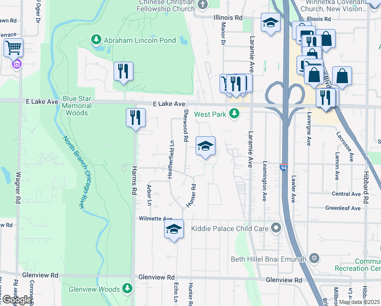 map of restaurants, bars, coffee shops, grocery stores, and more near 1213 Sherwood Road in Glenview