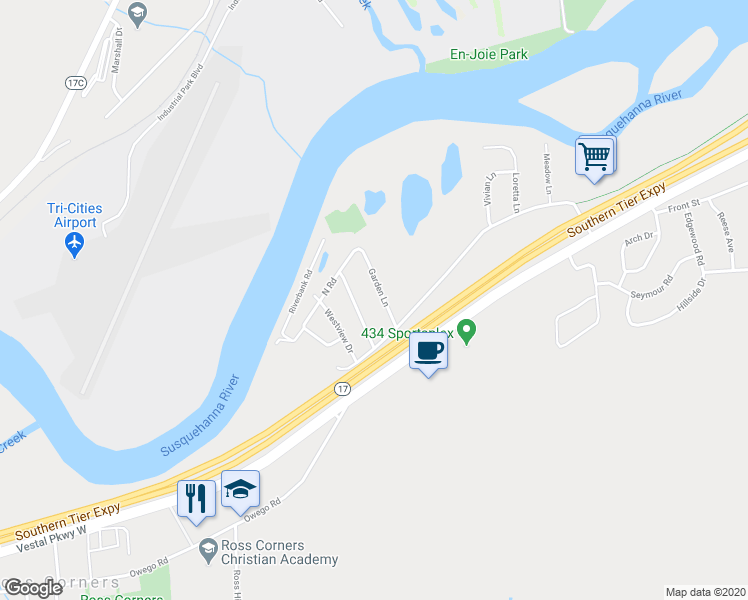 map of restaurants, bars, coffee shops, grocery stores, and more near 217 Garden Lane in Vestal