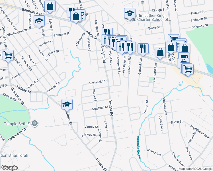 map of restaurants, bars, coffee shops, grocery stores, and more near 6 Bennington Street in Springfield