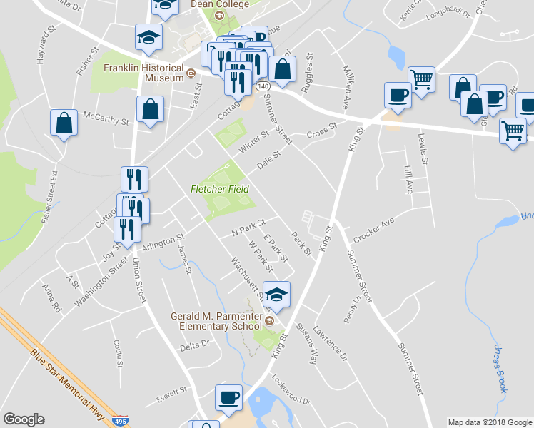 map of restaurants, bars, coffee shops, grocery stores, and more near 9 North Park Street in Franklin
