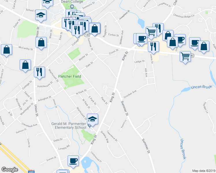 map of restaurants, bars, coffee shops, grocery stores, and more near 127 King Street in Franklin