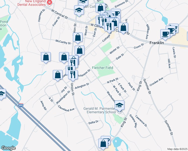 map of restaurants, bars, coffee shops, grocery stores, and more near 73 Wachusett Street in Franklin