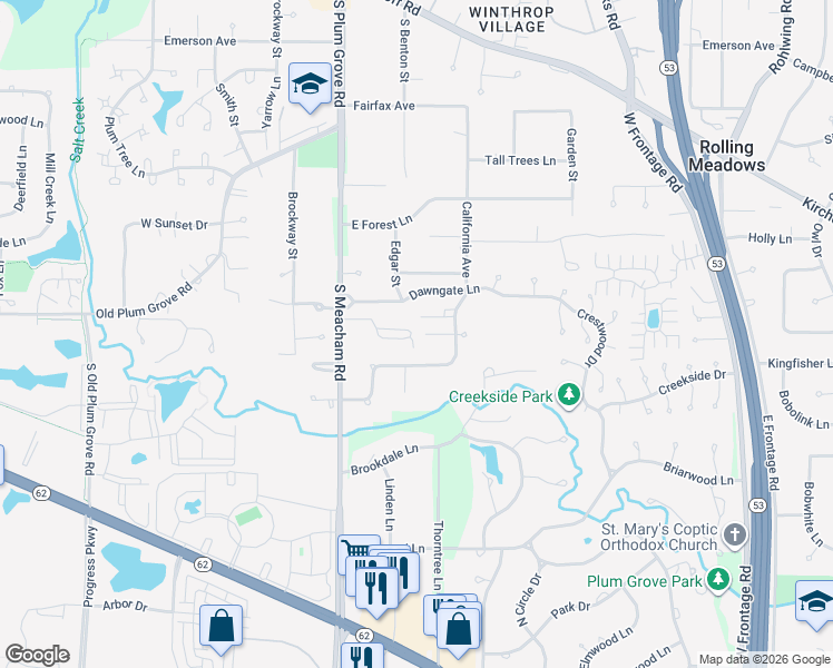 map of restaurants, bars, coffee shops, grocery stores, and more near 4632 McKone Court in Rolling Meadows