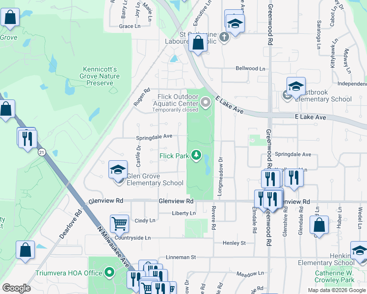map of restaurants, bars, coffee shops, grocery stores, and more near 1134 Pam Anne Drive in Glenview