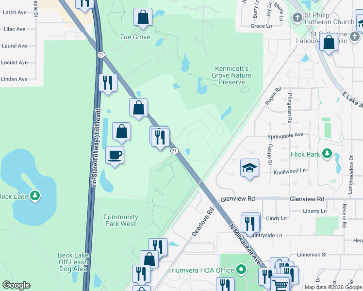 map of restaurants, bars, coffee shops, grocery stores, and more near 1112 Castilian Court in Glenview