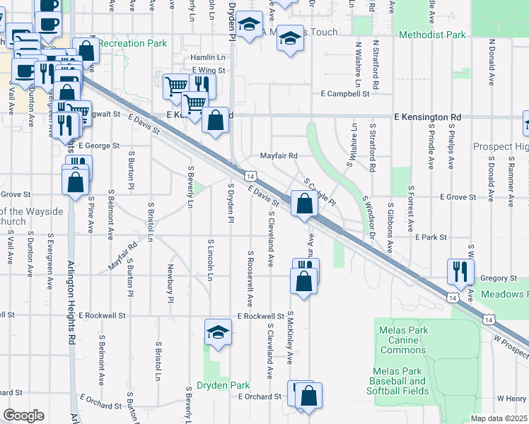 map of restaurants, bars, coffee shops, grocery stores, and more near 422 S Cleveland Ave in Arlington Heights