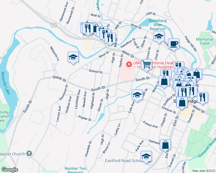 map of restaurants, bars, coffee shops, grocery stores, and more near 201 South Street in Southbridge