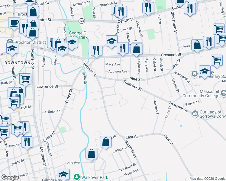 map of restaurants, bars, coffee shops, grocery stores, and more near 52 Dupont Circle in Brockton