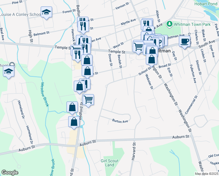 map of restaurants, bars, coffee shops, grocery stores, and more near 202 School Street in Whitman