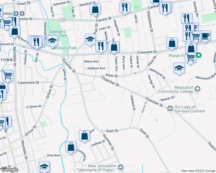 map of restaurants, bars, coffee shops, grocery stores, and more near 38 Dupont Circle in Brockton