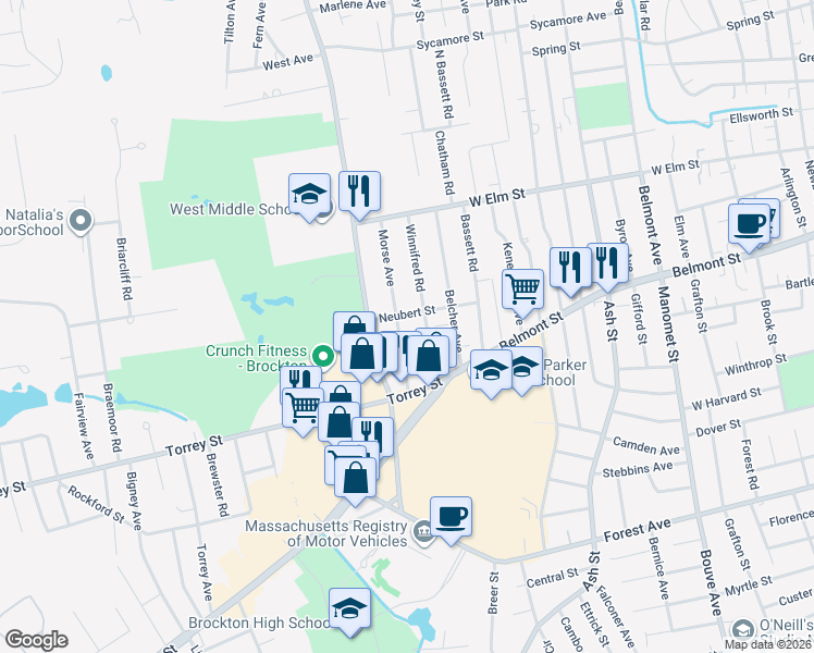 map of restaurants, bars, coffee shops, grocery stores, and more near 91 Winnifred Road in Brockton