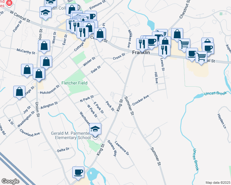 map of restaurants, bars, coffee shops, grocery stores, and more near 127 King Street in Franklin