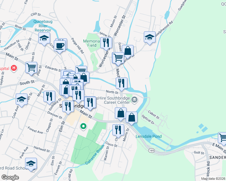 map of restaurants, bars, coffee shops, grocery stores, and more near 90 North Street in Southbridge