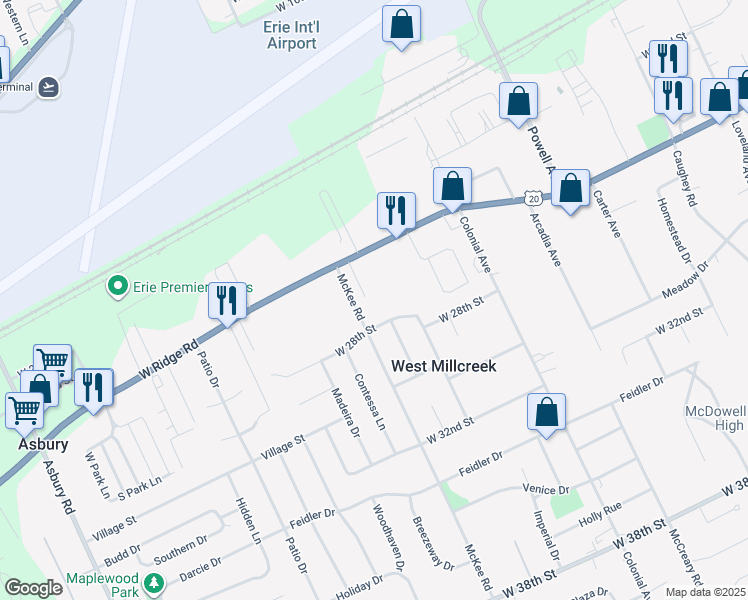 map of restaurants, bars, coffee shops, grocery stores, and more near 4132 W 28th St in Erie
