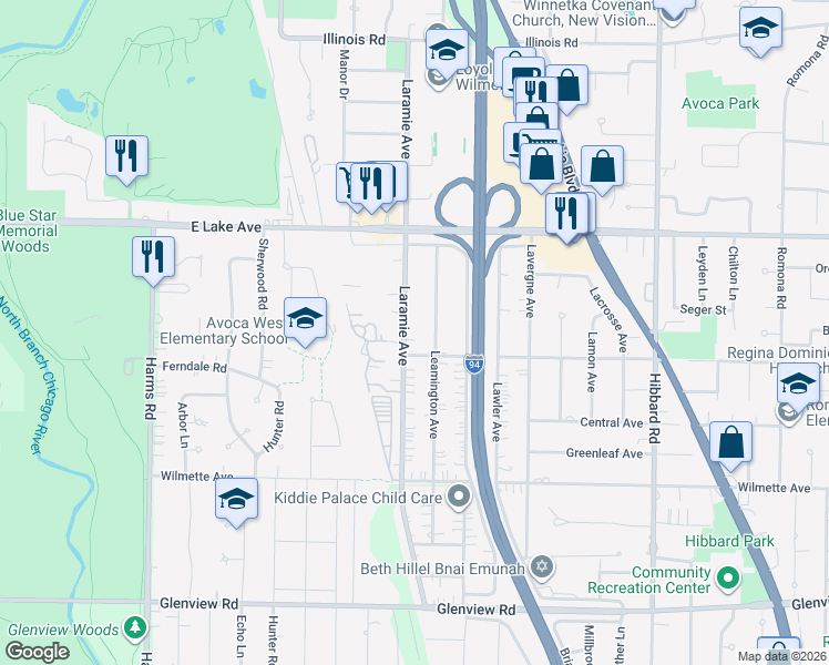 map of restaurants, bars, coffee shops, grocery stores, and more near 716 Laramie Avenue in Wilmette