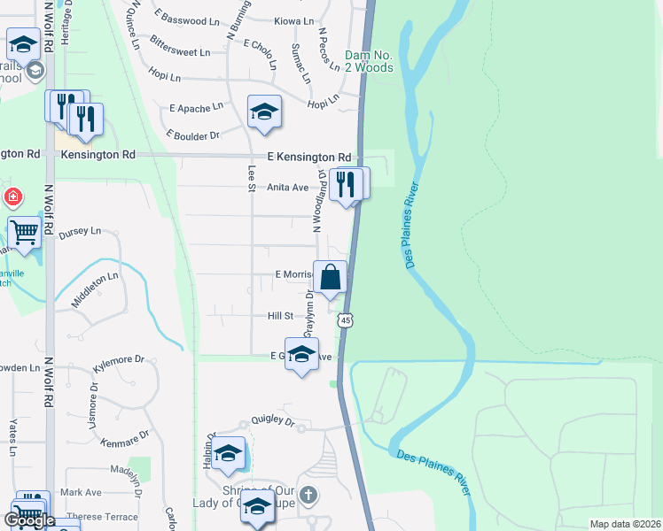 map of restaurants, bars, coffee shops, grocery stores, and more near 109 East Morrison Avenue in Mount Prospect
