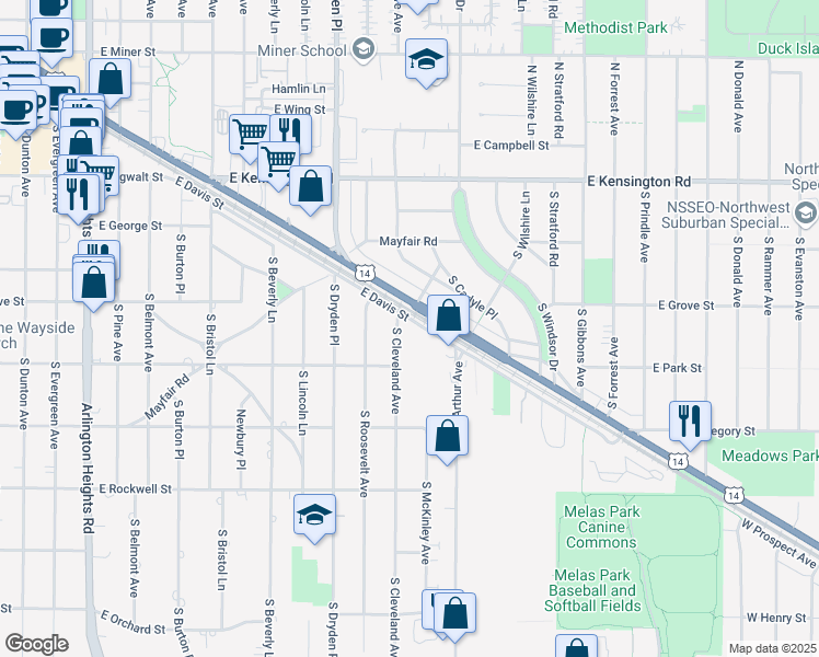 map of restaurants, bars, coffee shops, grocery stores, and more near 1225 East Davis Street in Arlington Heights