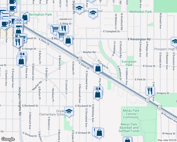 map of restaurants, bars, coffee shops, grocery stores, and more near 1225 East Davis Street in Arlington Heights