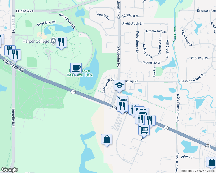 map of restaurants, bars, coffee shops, grocery stores, and more near 2645 College Hill Circle in Schaumburg