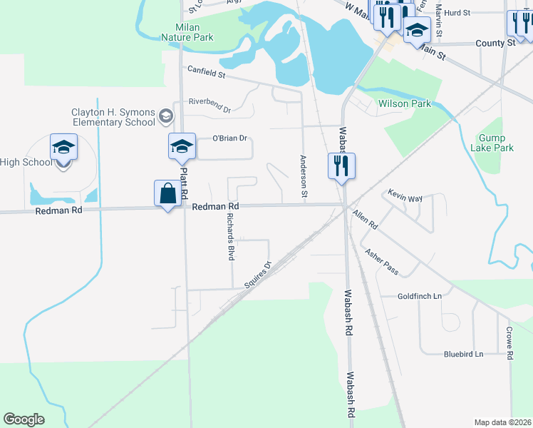 map of restaurants, bars, coffee shops, grocery stores, and more near 179 Redman Road in Milan