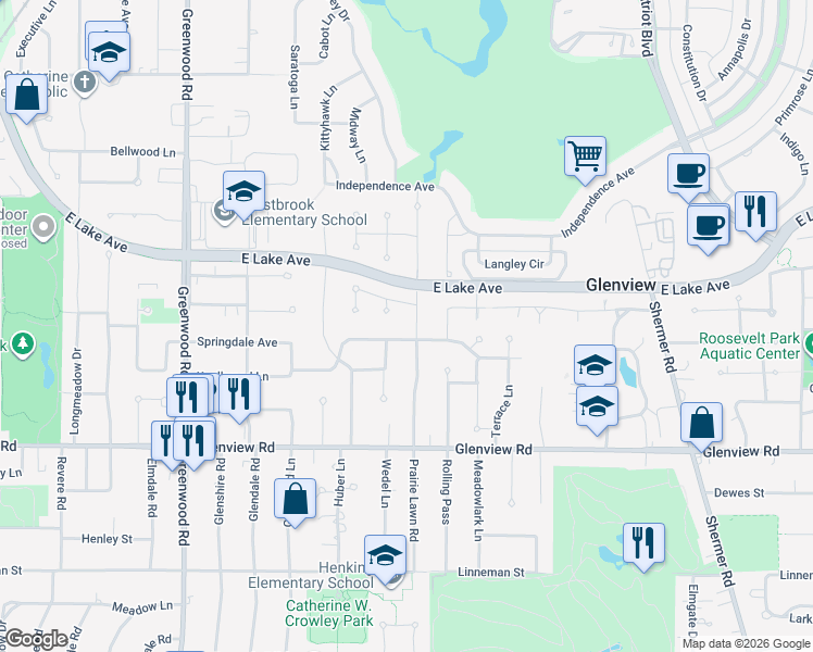 map of restaurants, bars, coffee shops, grocery stores, and more near 1140 Prairie Lawn Road in Glenview