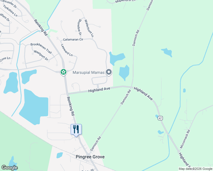 map of restaurants, bars, coffee shops, grocery stores, and more near 87 Catamaran Circle in Pingree Grove