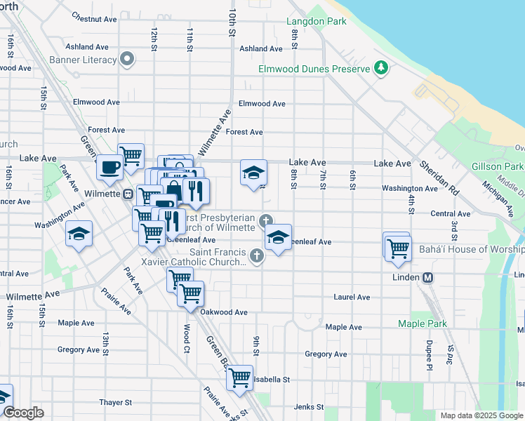 map of restaurants, bars, coffee shops, grocery stores, and more near 900 Central Avenue in Wilmette