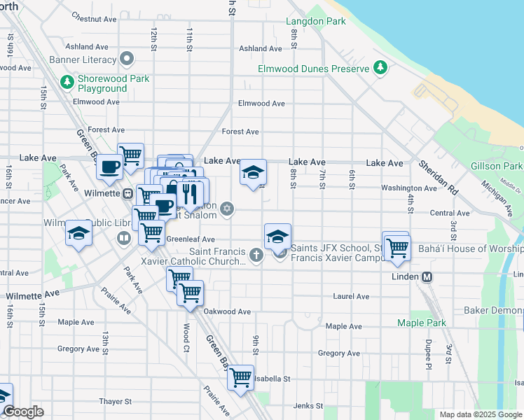 map of restaurants, bars, coffee shops, grocery stores, and more near 900 Central Avenue in Wilmette