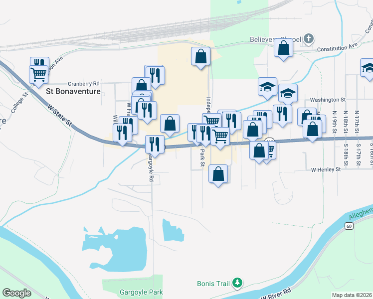 map of restaurants, bars, coffee shops, grocery stores, and more near 3027 New York 417 in Olean