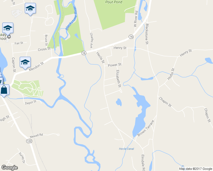 map of restaurants, bars, coffee shops, grocery stores, and more near 23 Gloria Street in Uxbridge