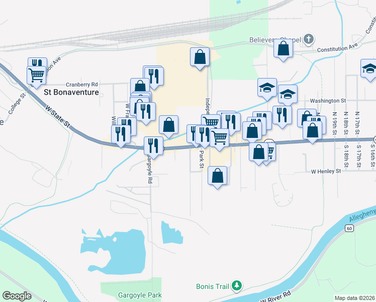map of restaurants, bars, coffee shops, grocery stores, and more near 3027 New York 417 in Olean