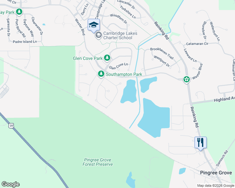 map of restaurants, bars, coffee shops, grocery stores, and more near 661 Dover Street in Pingree Grove
