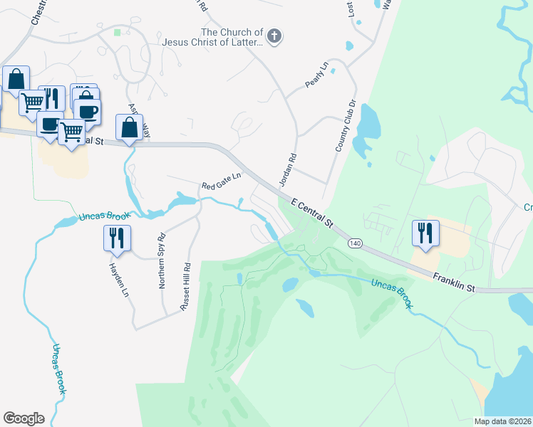 map of restaurants, bars, coffee shops, grocery stores, and more near 2 Parkview Road in Franklin