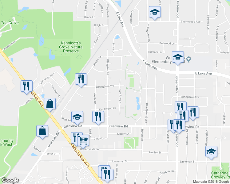 map of restaurants, bars, coffee shops, grocery stores, and more near 1135 Pfingsten Road in Glenview