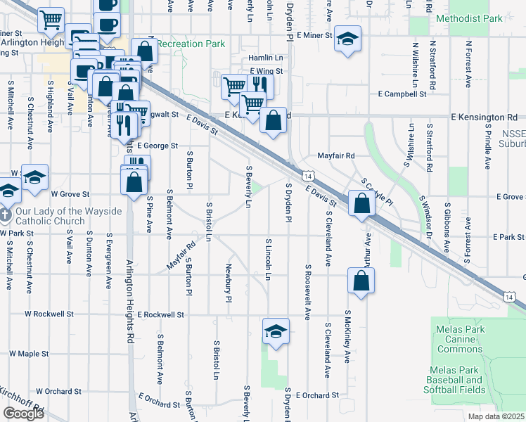 map of restaurants, bars, coffee shops, grocery stores, and more near 423 South Lincoln Lane in Arlington Heights