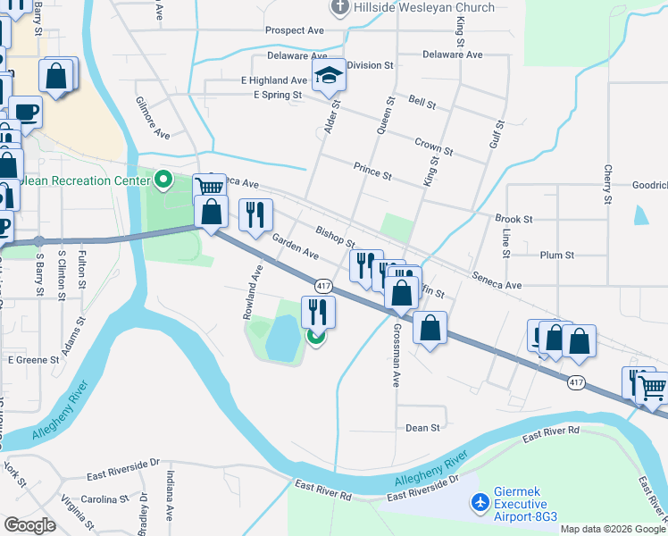 map of restaurants, bars, coffee shops, grocery stores, and more near 754 Garden Avenue in Olean
