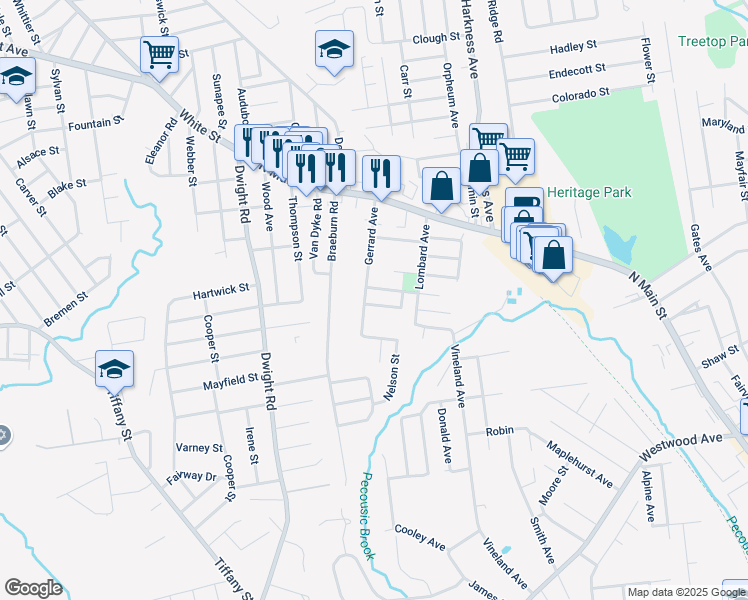 map of restaurants, bars, coffee shops, grocery stores, and more near 19 Kelsey Street in East Longmeadow