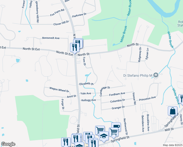 map of restaurants, bars, coffee shops, grocery stores, and more near 72 Elizabeth Street in Agawam
