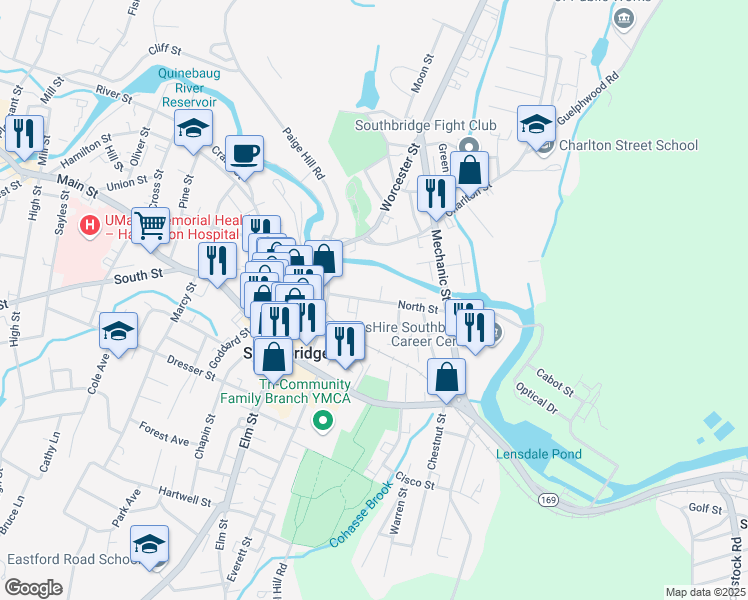 map of restaurants, bars, coffee shops, grocery stores, and more near 55 North Street in Southbridge