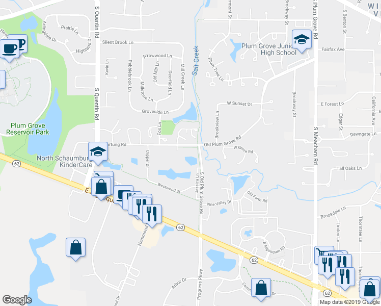 map of restaurants, bars, coffee shops, grocery stores, and more near 1017 Buccaneer Drive in Schaumburg