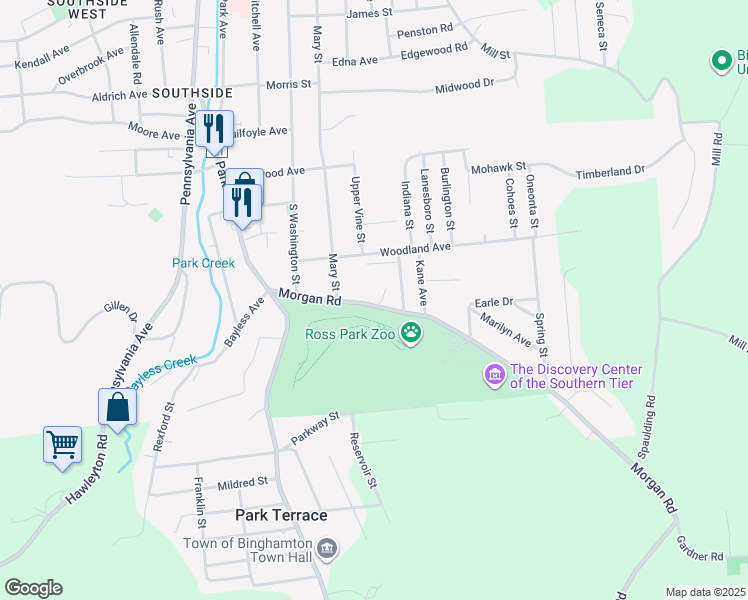 map of restaurants, bars, coffee shops, grocery stores, and more near 37 1/2 Morgan Rd in Binghamton