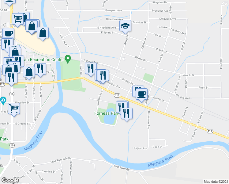 map of restaurants, bars, coffee shops, grocery stores, and more near 719 East State Street in Olean