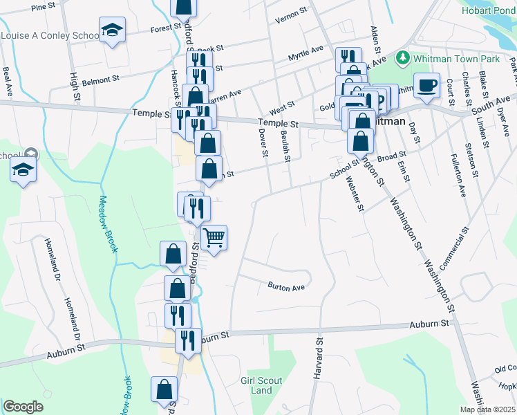 map of restaurants, bars, coffee shops, grocery stores, and more near 202 School Street in Whitman