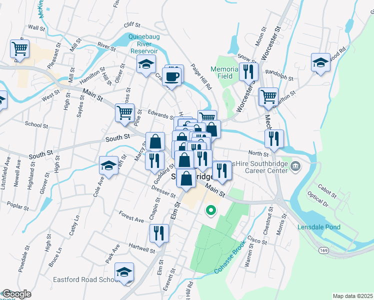 map of restaurants, bars, coffee shops, grocery stores, and more near 42 Hamilton Street in Southbridge