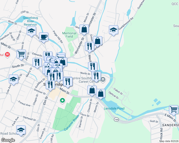 map of restaurants, bars, coffee shops, grocery stores, and more near 123 North Street in Southbridge