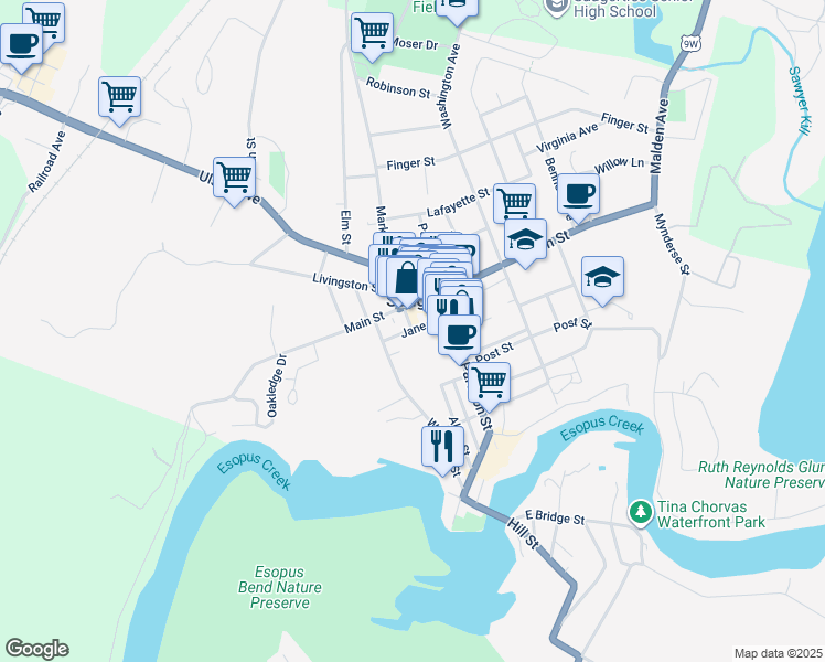 map of restaurants, bars, coffee shops, grocery stores, and more near Jane Street in Saugerties