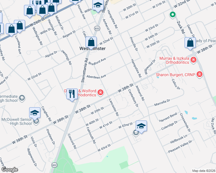 map of restaurants, bars, coffee shops, grocery stores, and more near 3705 Lancaster Rd in Erie