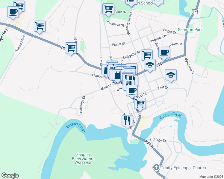 map of restaurants, bars, coffee shops, grocery stores, and more near 38 Jane Street in Saugerties