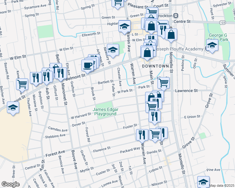 map of restaurants, bars, coffee shops, grocery stores, and more near 88 Fuller Street in Brockton