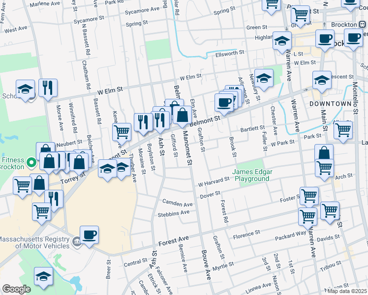 map of restaurants, bars, coffee shops, grocery stores, and more near 42 Gifford Street in Brockton